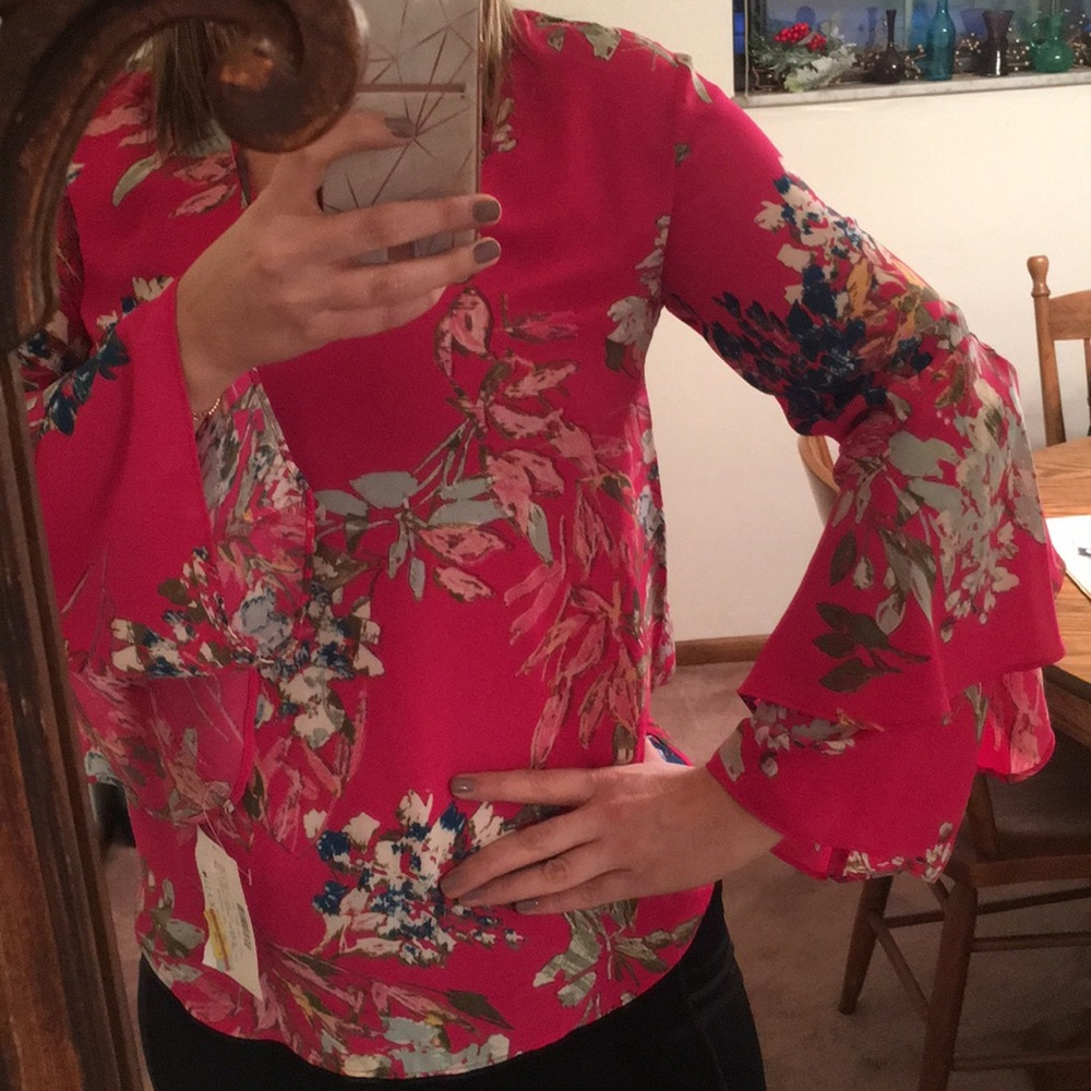 Rachel Roy Pink Bell Sleeve Floral Shirt- NWT